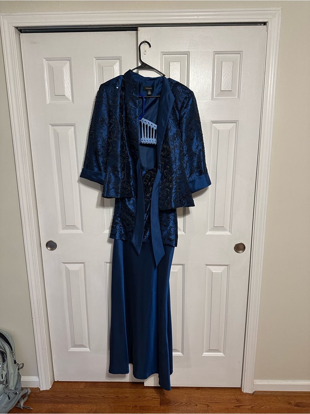 R&M Richards Navy Blue Embroidered Jacket & Gown Set
